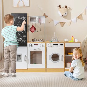 Cozinha de brincar para crianças em madeira 127 × 31 × 107 cm com sons e luzes realistas Dispensador Natural + Branco
