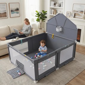 Parque Infantil Dobrável, 223 x 150 x 163 cm, Estrutura Metálica Reforçada, Cinzento-escuro