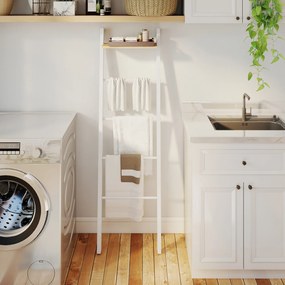 Toalheiro de Escada com Prateleira Superior e 4 Barras Suporte de Toalhas para Encostar na Parede  43x20x151 cm Branco e Carvalho