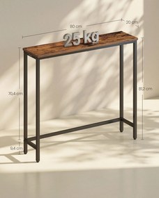 Mesa consola com tampo de uma só peça, 20 x 80 x 81,2 cm, castanho vintage
