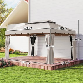 Pérgola de Jardim 390x290x270 cm com 4 Cortinas Laterais 4 Telas Mosquiteiras e 8 Orifícios de Drenagem Creme