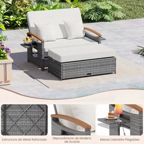 Conjunto de Sofá-Cama de Jardim com Otomano e Mesas Laterais, 164 x 72-111 x 54,5-88 cm, Encosto Ajustável em 4 Níveis, cinzento e Branco