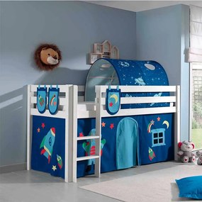 Conjunto Cama alta de Criança PINO 90 x 200 cm + estrado + escada + cortina +3 bolsas + túnel Astronauta Branca