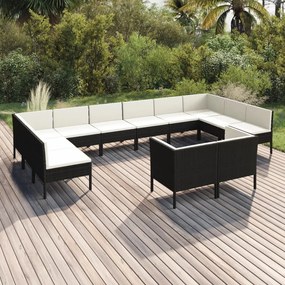 vidaXL 12 pcs conjunto lounge de jardim c/ almofadões vime PE preto