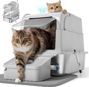 Caixa de areia para gatos 61 x 41 x 46 cm em aço inoxidável cinzento prateado, com tampa e acessórios cinzento prateado
