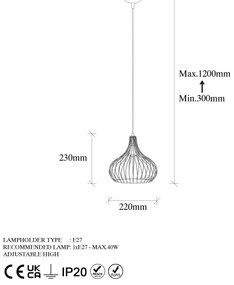 Candeeiro Suspenso Teldamla – Preto Antigo – 22 x 22 x 120 cm