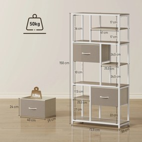 Estante de arrumação com 6 níveis 72,5 x 30 x 150 cm, estante com 2 gavetas em tecido, 9 prateleiras abertas, cor carvalho, branco, cáqui claro, bege