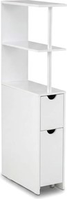 Armário de arrumação estreito de casa de banho 45 × 20 × 114 cm compacto, com prateleiras abertas, gaveta extraível e carrinho branco