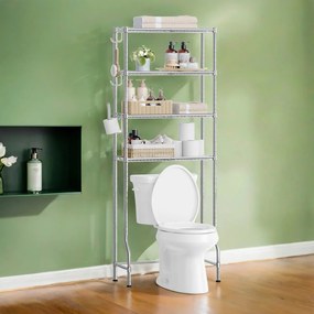 Estante para casa de banho sob sanita 30 x 63 x 176 cm com 4 prateleiras e ganchos, cinzento