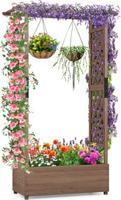 Floreira jardim elevada de madeira com treliça em arco Furo de drenagem 110 x 44 x 182 cm Castanho