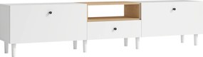 HOMCOM Cômoda de TV 200 cm para TVs até 228,6 cm, 2 compartimentos abatíveis, nicho aberto, gaveta, 8 pés, painel de partículas, branco | Aosom Portugal