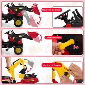 Trator escavadora de brincar com 6 rodas, pedais e reboque de carga desmontável para crianças dos 3 aos 6 anos