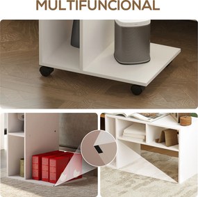 Mesa Auxiliar em Forma de C Mesa Auxiliar para Sofá com Rodas Compartimentos Abertos 40x30x69 cm Branco