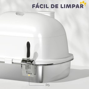 Caixa de Areia para Gatos em Aço Inoxidável com Tampa Caixa de Areia com Bolsa Desodorizante e Pá 52,4x41,3x39,9 cm Branco