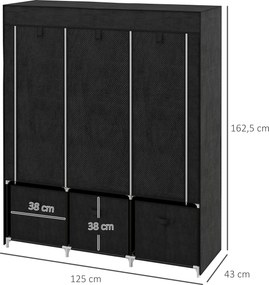 Guarda Roupa dobrável em tecido com 5 prateleiras, 2 varões e 3 gavetas em tecido 125 x 43 x 162,5 cm Preto