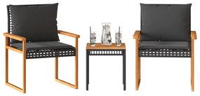 Conjunto de bistrô com almofadões 3 pcs vime PE e acácia preto
