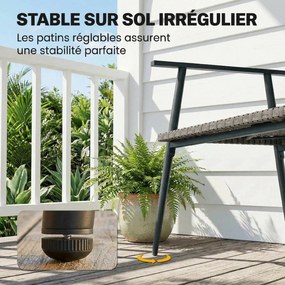 Banco de jardim de 2 lugares em resina trançada e aço 110 x 58 x 78 cm, com braços, encosto e pés ajustáveis, cinzenta