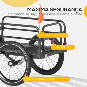 Reboque de Carga para Bicicletas com 2 Rodas Refletores e Bandeira Capacidade de 70L Carga 40 kg 125x64x53,5 cm Preto