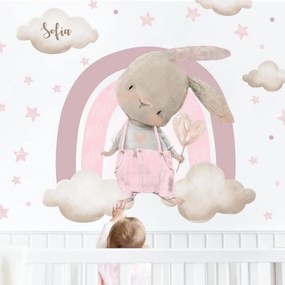 Autocolante por cima do berço para uma menina - Coelhinho com um arco-íris cor-de-rosa