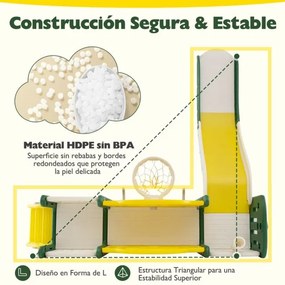 Conjunto de escorrega para crianças 10 em 1 Escalador com quadro magnético Telescópio Lançamento de aros Cesto Túnel Corredor amarelo