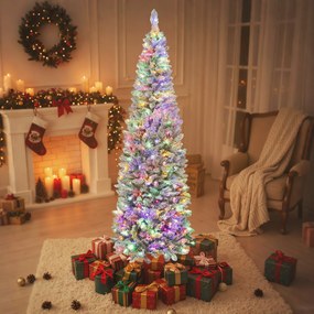 Árvore de Natal Estreita 210 cm com neve e com Luzes LED Bicolores 11 Modos de Iluminação 687 Ramos Suporte Metálico Verde