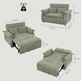 Sofá-cama de 2 Lugares, 137 x 91 x 96 cm, Encosto Regulável em 5 Posições, Verde
