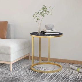 vidaXL Mesa de apoio 45 cm dourada e vidro temperado preto mármore