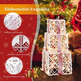 Conjunto de 3 caixas de presente de Natal alimentadas a pilhas com 60 luzes de fita vermelha com temporizador Decoração de Natal para interior e exter