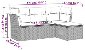 4 pcs conjunto sofás de jardim c/ almofadões vime PE castanho