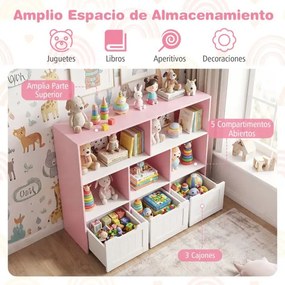 Estante infantil para brinquedos 100 x 33 x 90 cm com 5 compartimentos abertos e 3 gavetas móveis – Organizador de brinquedos com rodas para sala de j