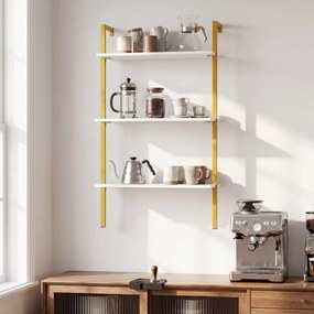 Estante flutuante 53,5 x 29,5 x 96 cm de 3 níveis em forma de escada, com estrutura preta e painéis industriais, para casa de banho, cozinha ou sala d