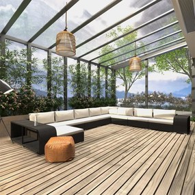 11 pcs conjunto lounge de jardim c/ almofadões vime PE preto