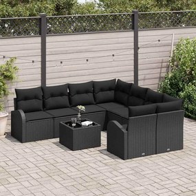 Conjunto de sofá de jardim com 9 peças e almofadas pretas
