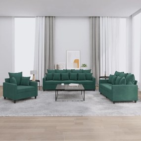 3 pcs conjunto de sofás com almofadões veludo verde-escuro