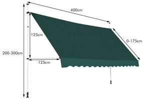 Toldo 400 cm telescópico e retrátil resistente aos raios UV impermeável com manivela altura regulável para janela varanda jardim Verde