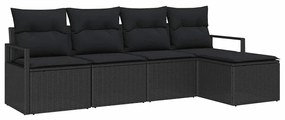 Sofá de Jardim 5 Peças com Almofadas Pretas em Rattan Sintético