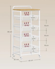 Carrinho de cozinha 31,7 x 40 x 95 cm com vários níveis e cestos extraíveis carvalho dourado-branco 
