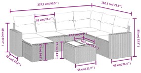 8 pcs conjunto sofás de jardim c/ almofadões vime PE cinzento