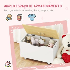 Baú de Brinquedos com Rodas com Tampa Abatível e Dobradiça de Segurança Desenho de Nuvem  59x30x53 cm Branco e Madeira