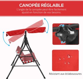 Baloiço de jardim de 3 lugares com teto e inclinação ajustável, almofadas no assento e no encosto, em aço preto e poliéster vermelho
