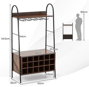 Garrafeira para 18 garrafas de vinho com 2 prateleiras e sistema anti-queda para cozinha, bar e restaurante 63 x 32 x 114,5 cm Castanho rústico