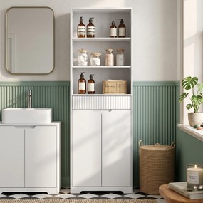 Armário Alto de Casa de Banho 60x30x171 cm, Armário Estreito com 3 Prateleiras Abertas, Gaveta Canelada, Prateleira Ajustável, Branco