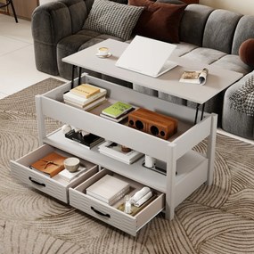 Mesa de centro elevável 100 x 46 x 50 cm com compartimento de armazenamento oculto, prateleira aberta e 2 gavetas para sala de estar cinza