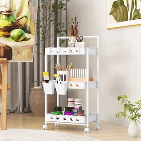 Carrinho de arrumação de 3 níveis com 2 copos suspensos 4 ganchos Barra de pega para a sala de estar Quarto Branco
