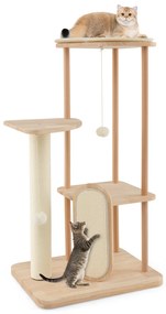 Torre moderna para gatos com tapete de vime e 3 bolas de brinquedo penduradas