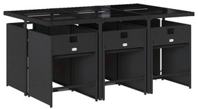 7 pcs conjunto de jantar p/ jardim c/ almofadões vime PE preto