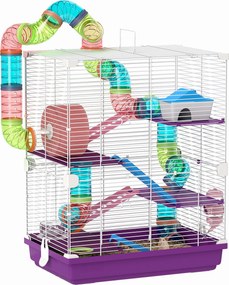 Gaiola para hamster de 4 andares com túneis, comedouro, roda, casinha e escadas – 46 x 30 x 58 cm – roxa