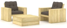 vidaXL 3 pcs conjunto lounge de jardim com almofadões pinho impregnado