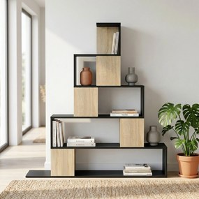 Estante de arrumação 120 x 22 x 131,5 cm, estante geométrica com 5 níveis, para escritório, sala de estar, quarto, em preto e madeira natural