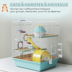 Gaiola para hamsters 34,5 x 27,5 x 41 cm, gaiola para roedores de 3 níveis, com roda de exercício, túnel de brincar, comedouro, casinha, azul